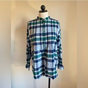 Lands End Women's Size 12 Green & Blue Plaid Cotton Pintuck Mandarin Collar Top